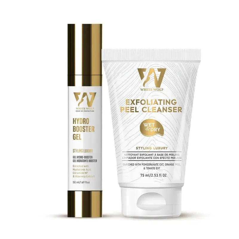 combo front of hydro booster gel and peel cleanser